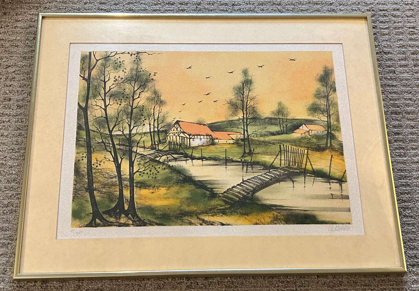 Vintage 1970’s European Pastoral Landscape Framed Limited Edition Lithograph Print (#24/215) (Illegibly Signed)