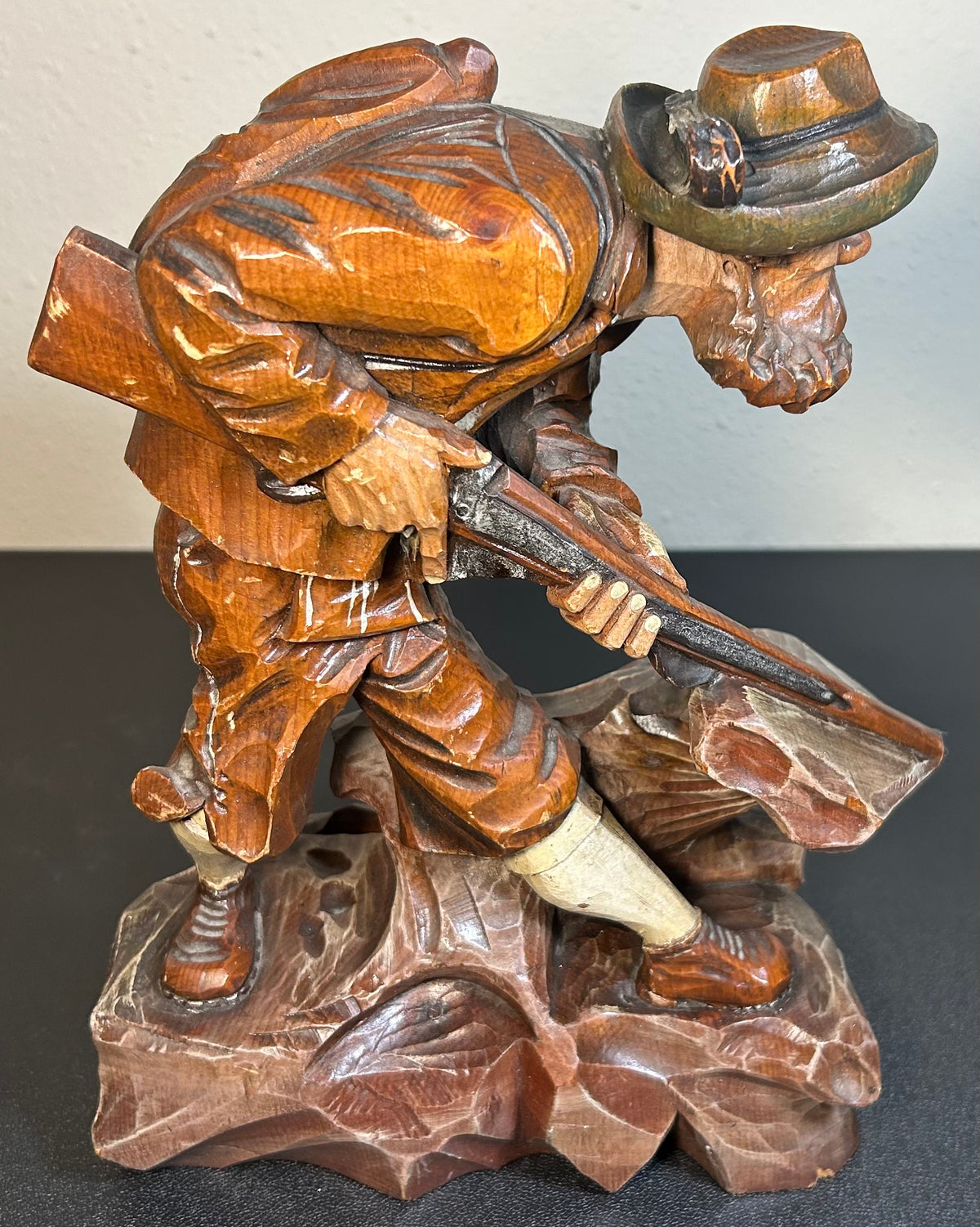 Vintage 1954 German Oberammergau Bavarian Hunter Wood Carving Statue by Valentin Riff