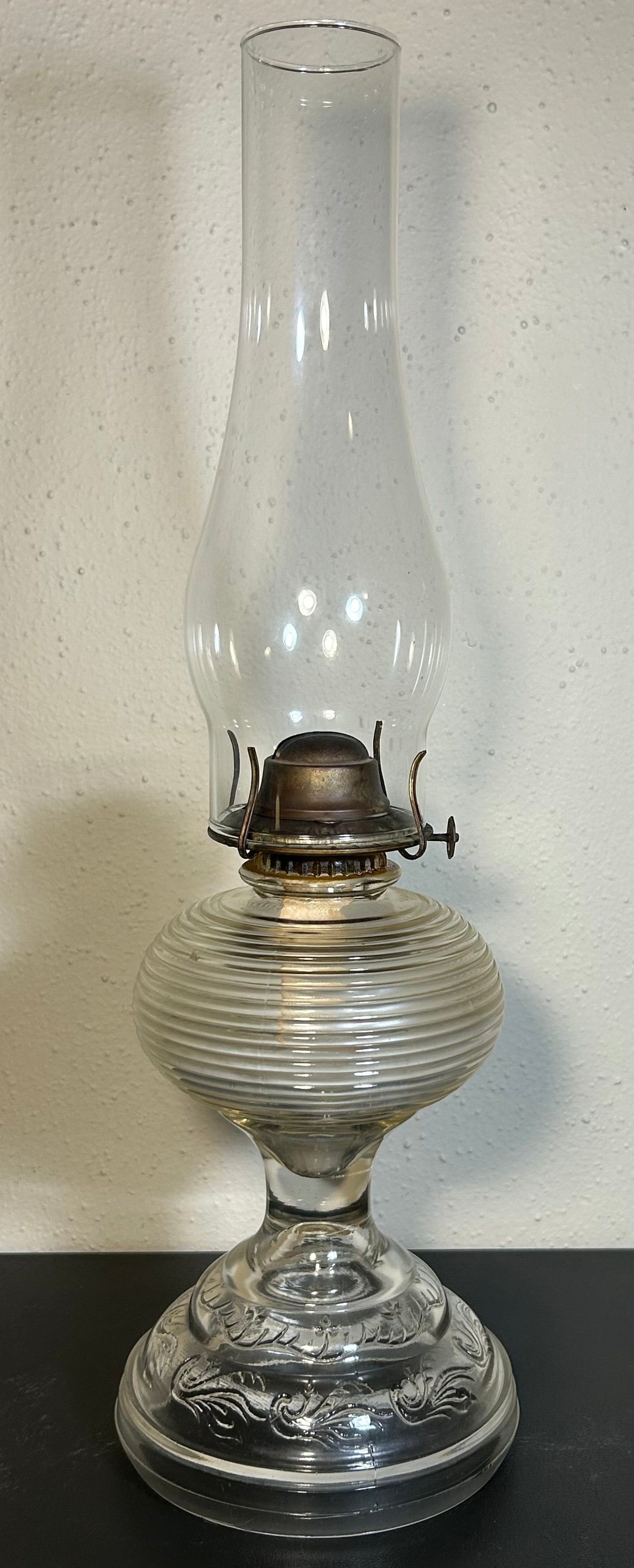 1930’s American Bartlett-Collins Early American Pressed Glass Rib and Plume Beehive Kerosene Oil Lamp with Eagle Burner