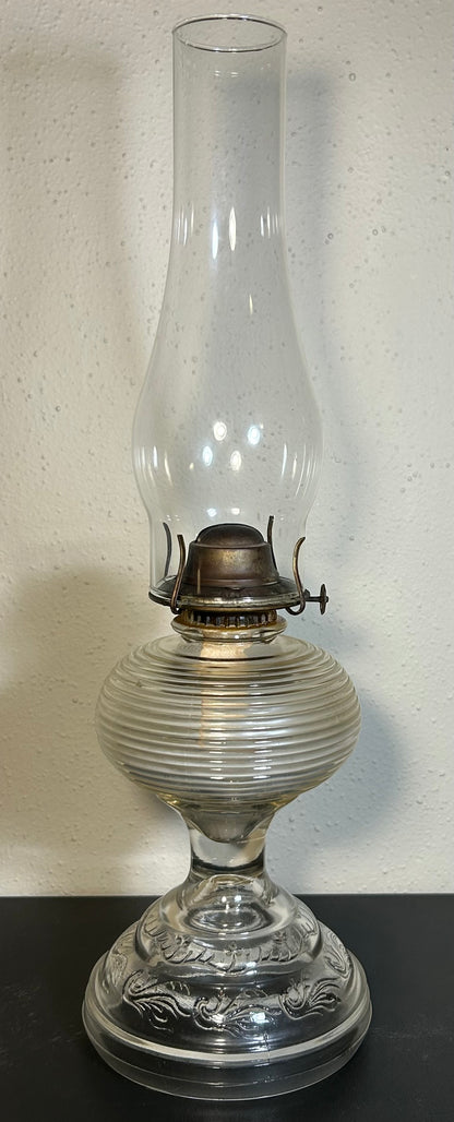 1930’s American Bartlett-Collins Early American Pressed Glass Rib and Plume Beehive Kerosene Oil Lamp with Eagle Burner
