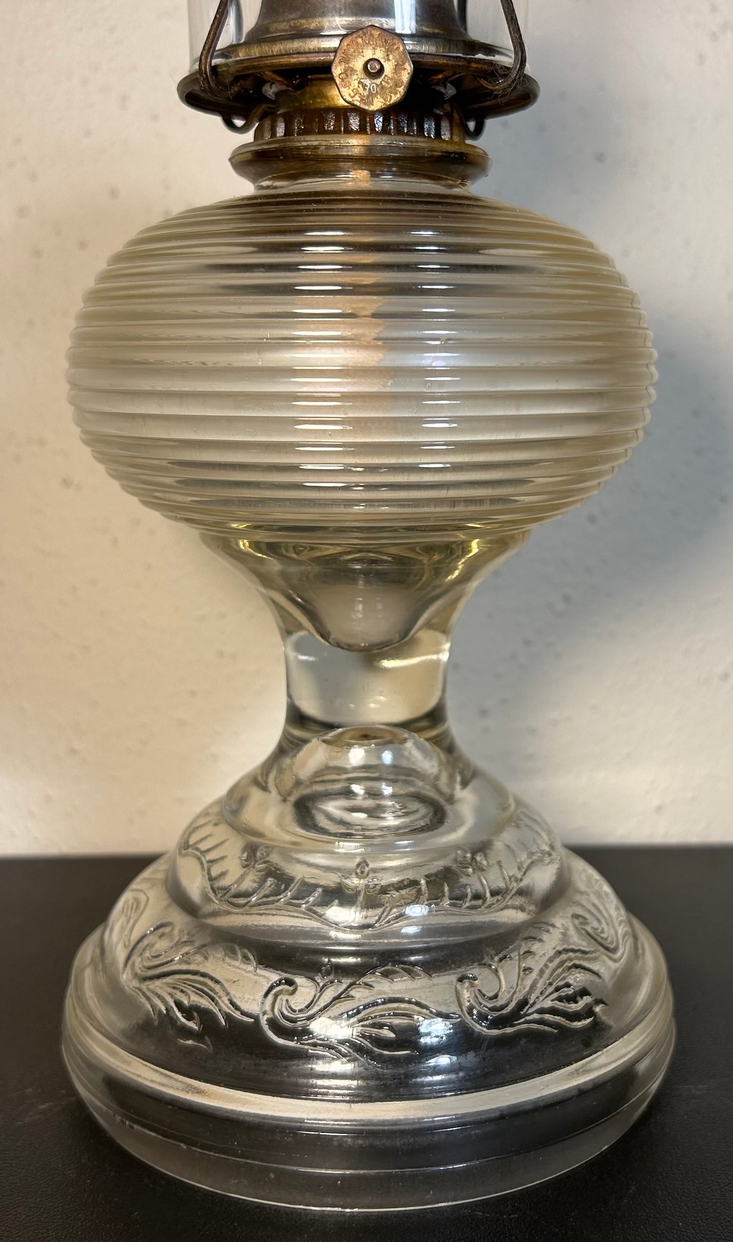 1930’s American Bartlett-Collins Early American Pressed Glass Rib and Plume Beehive Kerosene Oil Lamp with Eagle Burner