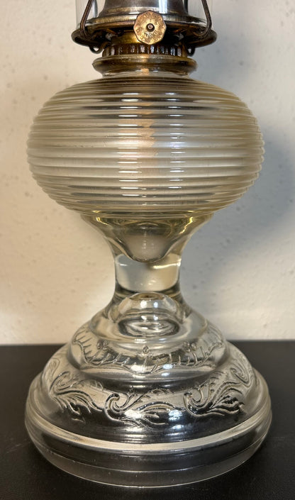 1930’s American Bartlett-Collins Early American Pressed Glass Rib and Plume Beehive Kerosene Oil Lamp with Eagle Burner