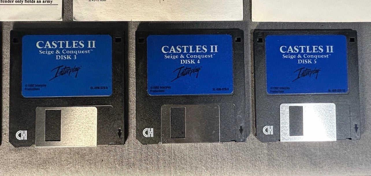 Vintage 1992 Castles II: Siege & Conquest PC Game Complete in Box with 5 Floppy Disks, Instruction Manual, Task Chart, MS-DOS Reference Card, and InterPlay Guide