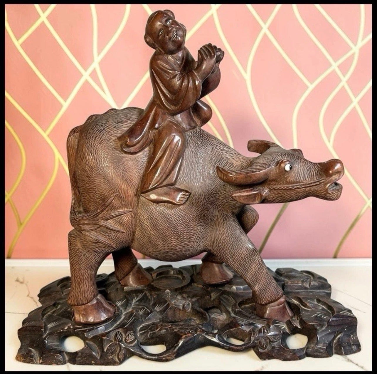 1920’s Chinese Young Herdsboy Riding Water Buffalo on Openwork Base Hand-Carved Rosewood Sculpture
