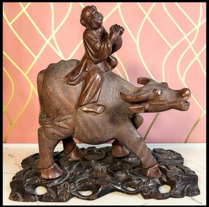 1920’s Chinese Young Herdsboy Riding Water Buffalo on Openwork Base Hand-Carved Rosewood Sculpture