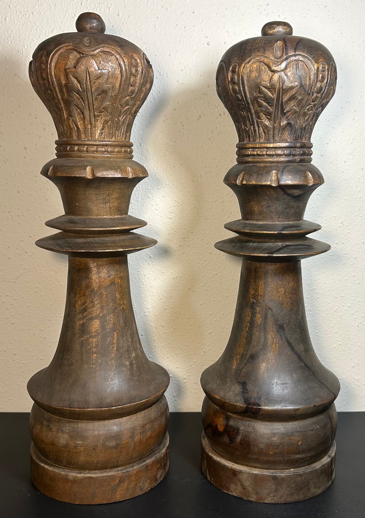Pair of Vintage 1970’s Monumental Staunton Style Hand-Carved Kamagong Wood Queen Chess Piece Sculptures Made in the Phillipines
