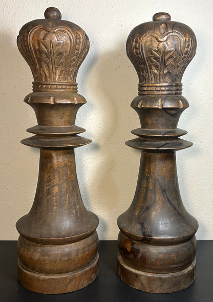 Pair of Vintage 1970’s Monumental Staunton Style Hand-Carved Kamagong Wood Queen Chess Piece Sculptures Made in the Phillipines