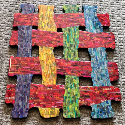 Cynthia Kolls Contemporary Style Resin/Magazine Paper Clippings on Wood Mixed Media Woven Crosshatch Symbol Wall-Hanging Art (21st Century) (Louisiana)