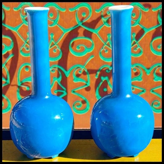 Pair of Vintage Circa 1960 New Trends Inc. Blue Porcelain Bottle Vases Made in Japan