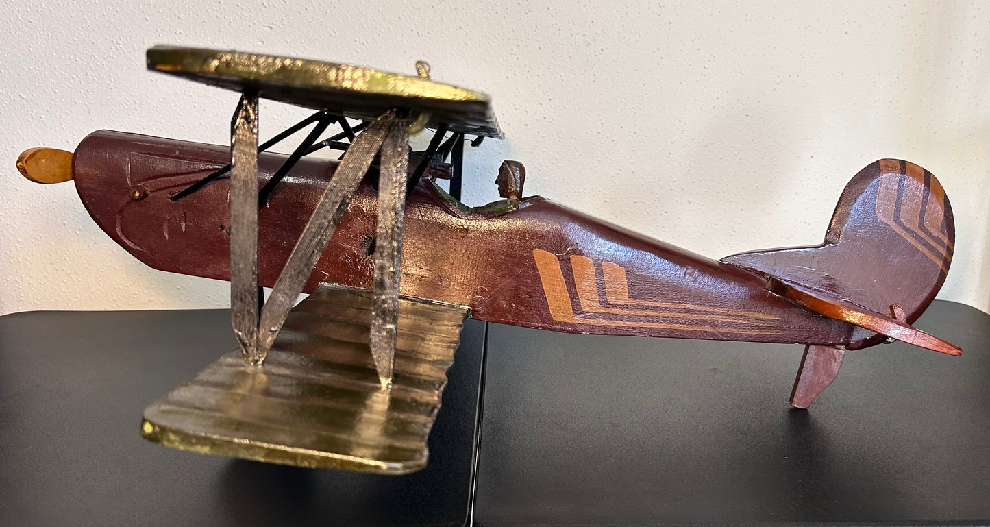 Vintage 1960’s American Folk Art Painted Wooden Model World War I Era Biplane