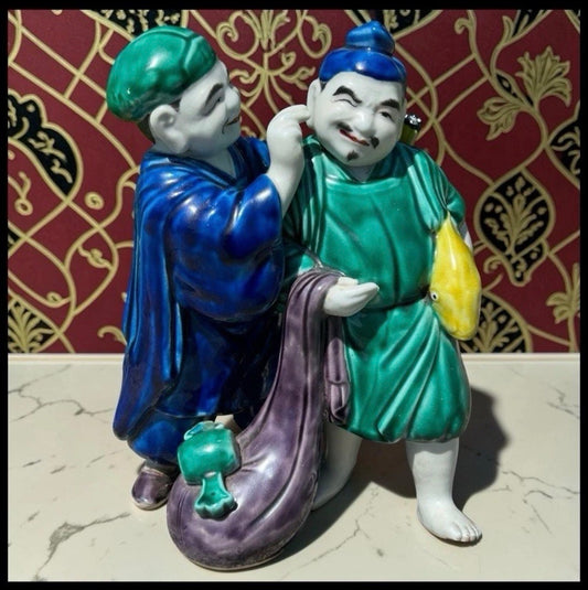 Vintage Circa 1970 Chinese Export Porcelain Taoist Immortals Ebisu and Daikoku Fisherman and Ear Cleaning Man Fengsu Renwu Figural Group Figurine