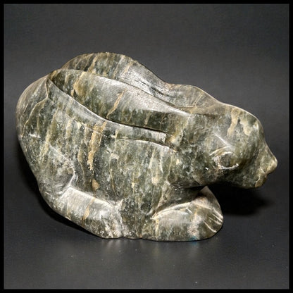 Vintage Mid 20th Century Chinese Recumbent Rabbit Spinach Green Soapstone Carving Figure