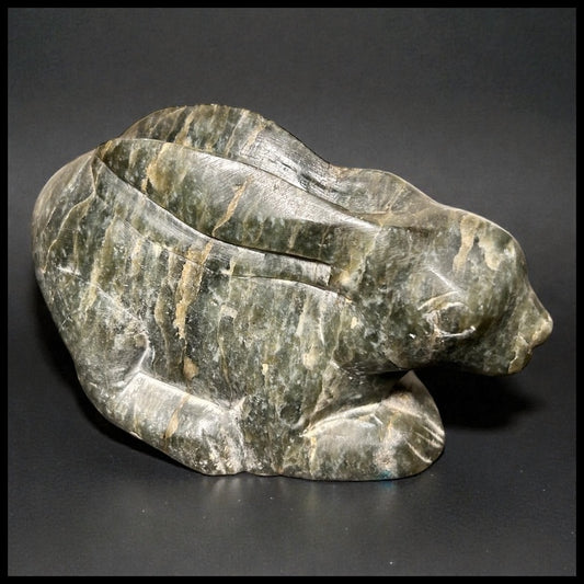 Vintage Mid 20th Century Chinese Recumbent Rabbit Spinach Green Soapstone Carving Figure