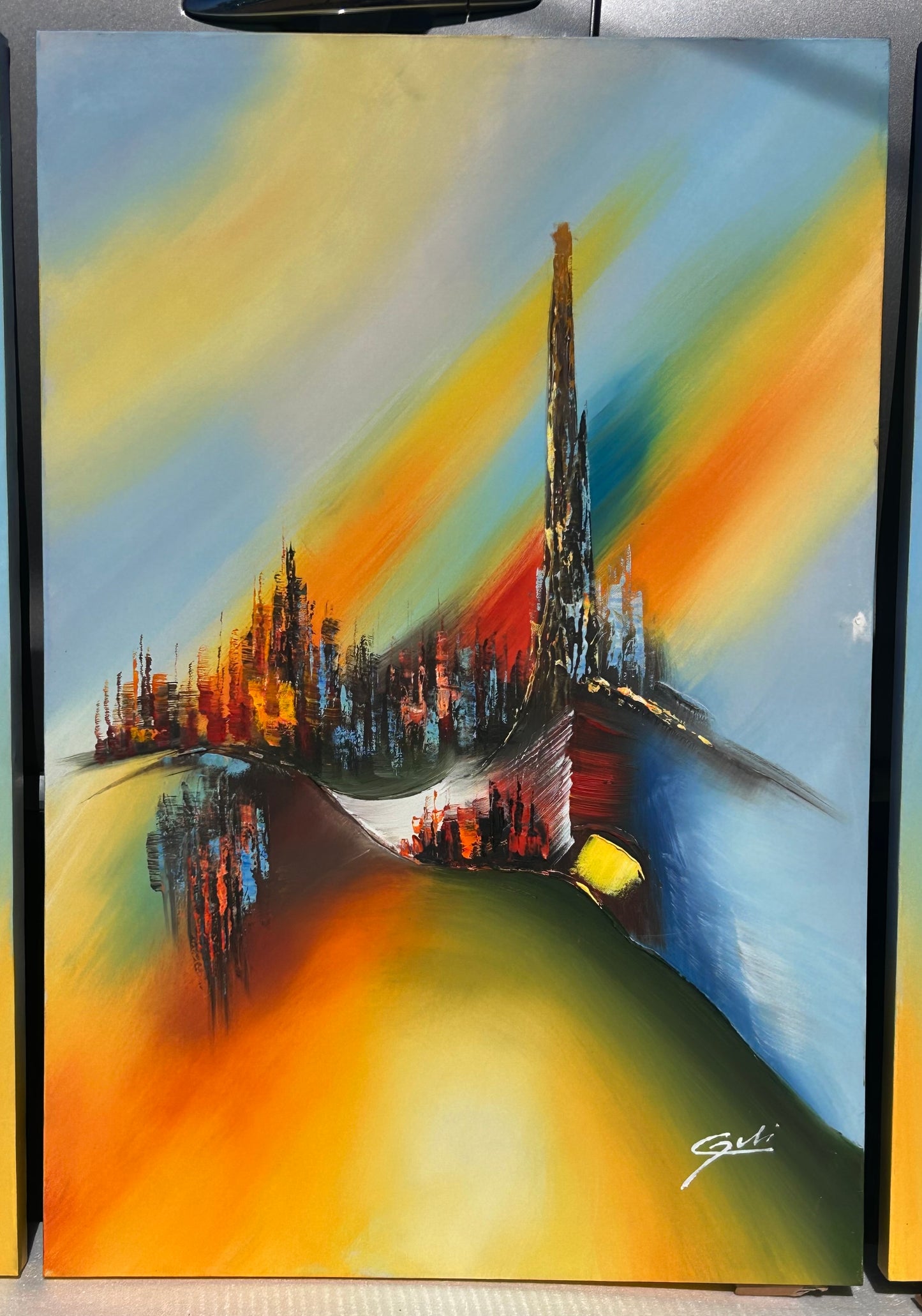 Set of 3 Triptych Contemporary Abstract Impressionist Acrylic Paintings on Canvas Signed Gui (20th/21st Century)