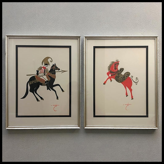 Set of 2 Vintage 1960’s Contemporary Style Roman Soldier on Horseback/Rearing Horse Framed Gouache Paintings by A. Ravagnan (Italian)