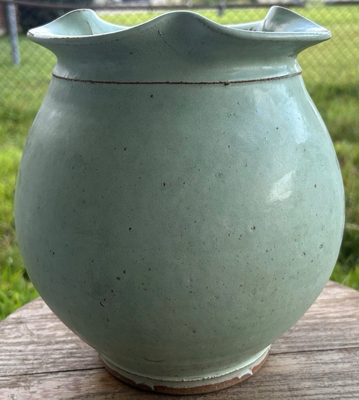 2005 Potsalot Studio Art Pottery Contemporary Style Stoneware Ruffled Rim Bulbous Vase (New Orleans, Louisiana)