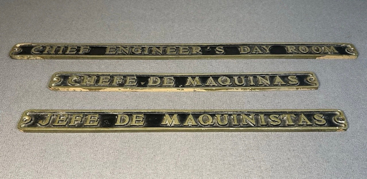 Set of 3 Late 1940’s American Delta Line SS Del Norte Cast Brass Metal Ship Chief Engineer Signs in Different Languages