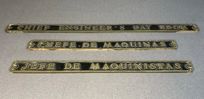 Set of 3 Late 1940’s American Delta Line SS Del Norte Cast Brass Metal Ship Chief Engineer Signs in Different Languages