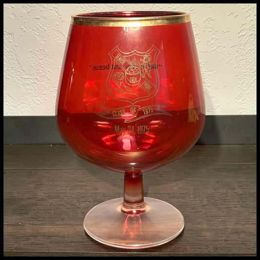 Vintage 1975 Grace King High School Senior Prom Gilded Ruby Red Glass Brandy Snifter Goblet
