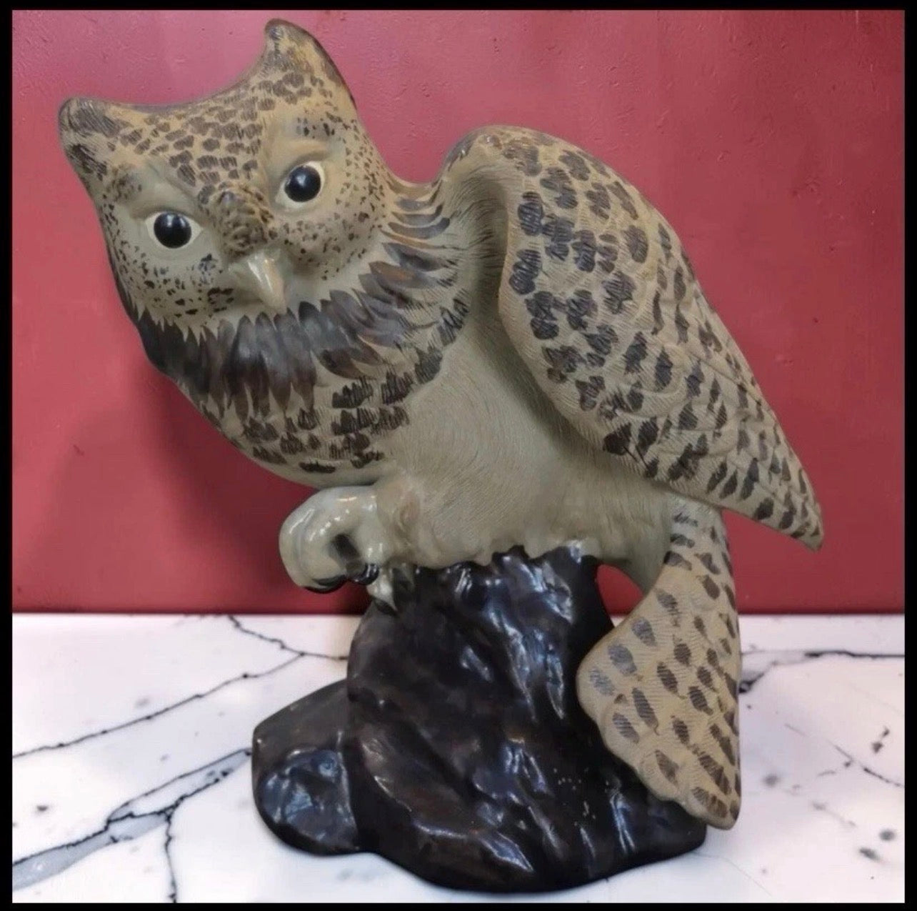Vintage Circa 1970 Chinese Shiwan Pottery Clay Owl Atop Rock Figurine