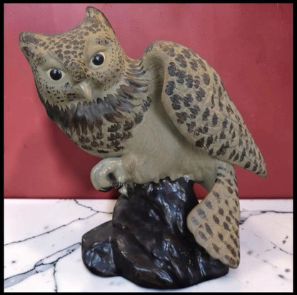 Vintage Circa 1970 Chinese Shiwan Pottery Clay Owl Atop Rock Figurine