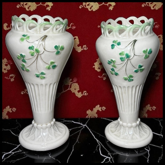 Pair of 1891-1926 Irish Belleek Porcelain Pierced Shamrock Vases (2nd Mark)