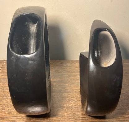 Set of 2 Vintage 1970’s Japanese Postmodern Pottery Black Ceramic Ikebana Vases