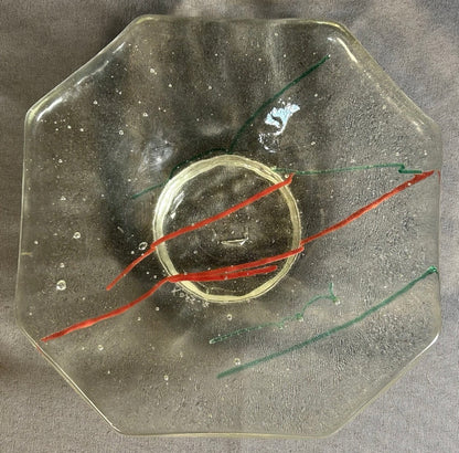 Vintage 1996 Gene Koss Studio Art Glass Contemporary Style Octagonal Footed Shallow Bowl (New Orleans, Louisiana)