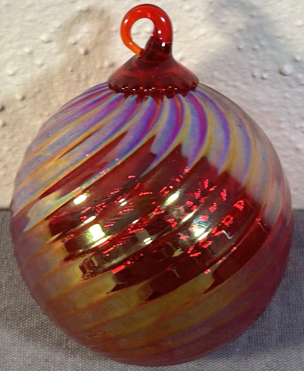 Polish Hand-Blown Iridescent Ruby Red Art Glass Round Ornament