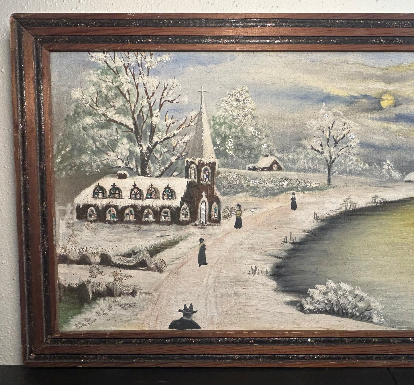1944 American Folk Art Style Winter Landscape Framed Glitter Embellished Oil Painting by Clarence Killian (Indiana)