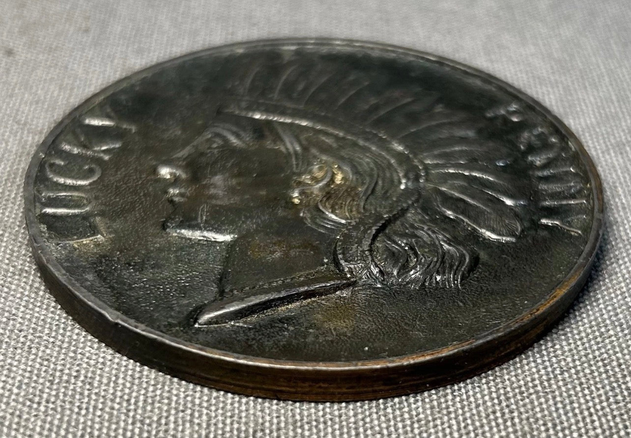 Circa 1920 American Niagara Falls, New York Lucky Indian Head Penny Bronze Paperweight Souvenir