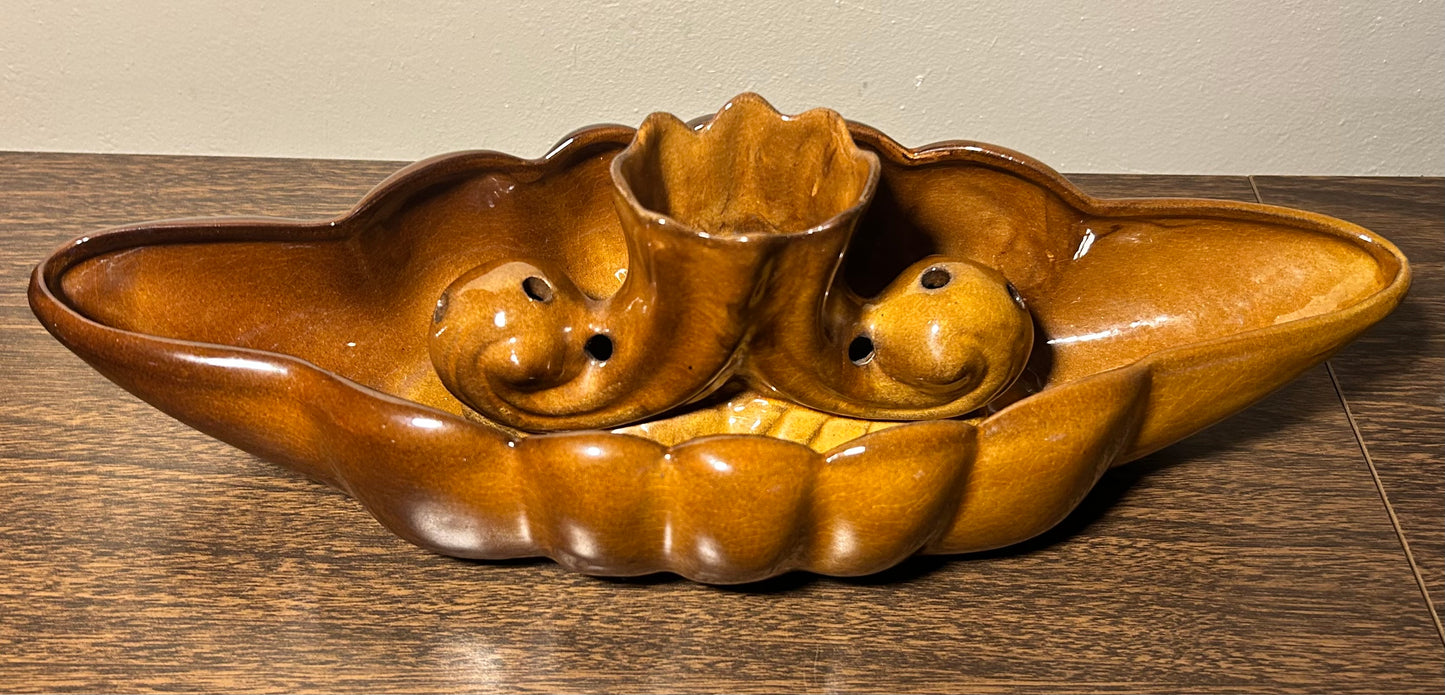 Vintage Circa 1960 American Mid Century Modern Anna Van Briggle Pottery Brown Glazed Console Bowl with Flower Frog