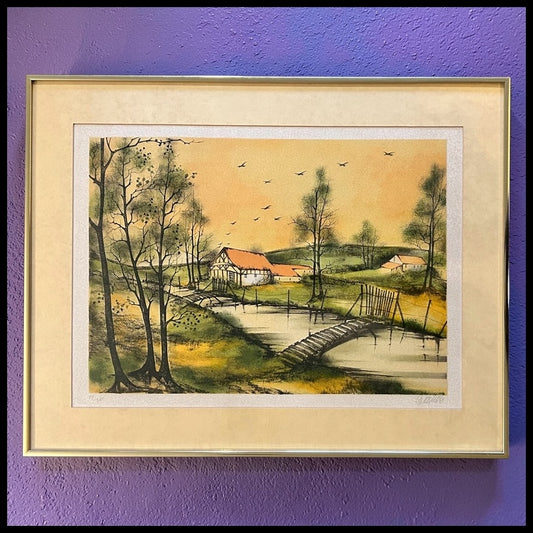 Vintage 1970’s European Pastoral Landscape Framed Limited Edition Lithograph Print (#24/215) (Illegibly Signed)