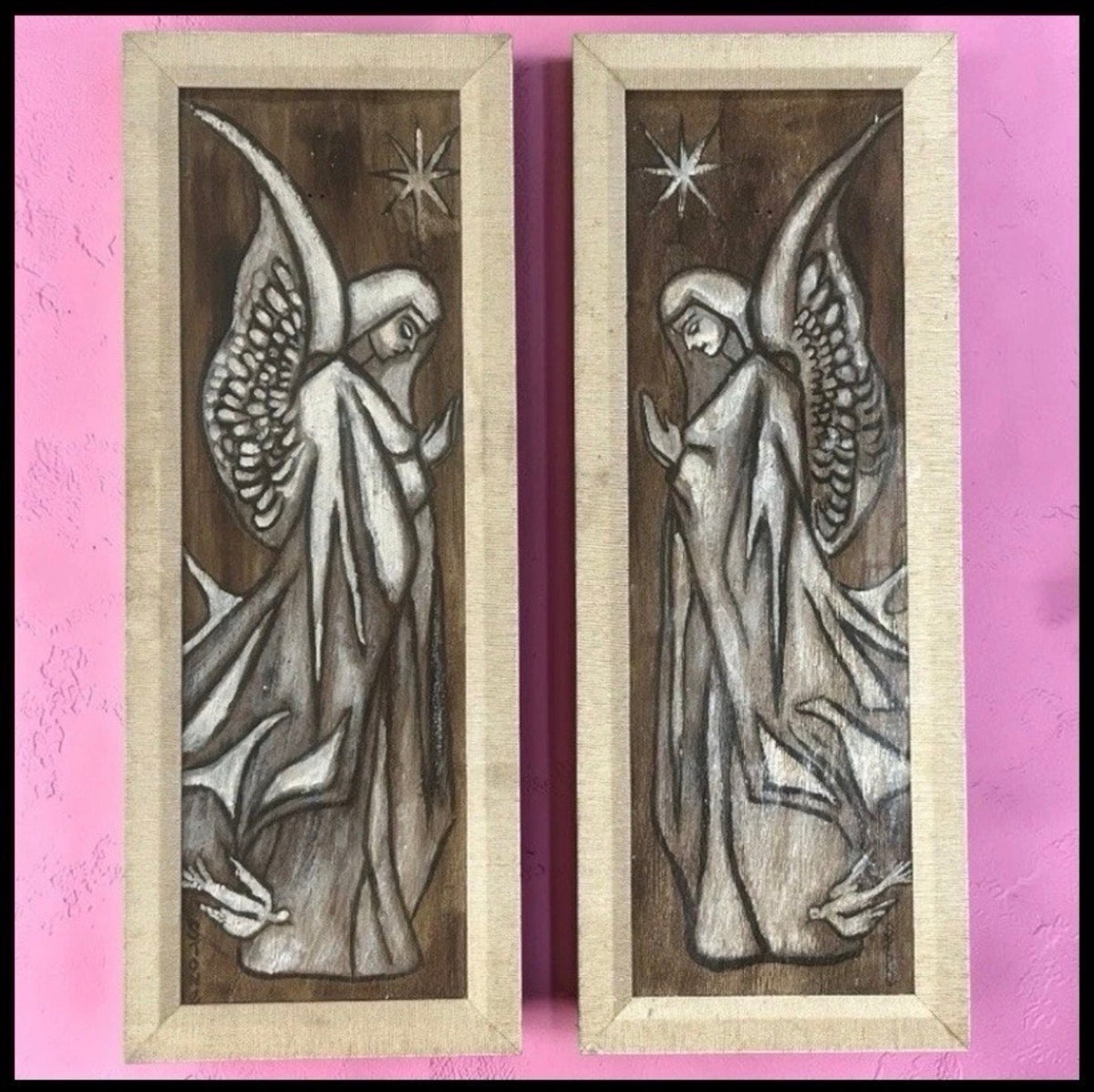 Pair of Vintage 1960’s American Mid Century Modern Angel Acrylic Paint/Pencil Mixed Media Framed Art on Wood Panels Signed Stone