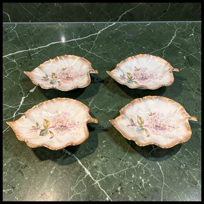 Set of 4 Late 19th Century French Art Nouveau Limoges Bawo & Dotter Elite Gilded Hand-Painted Floral Motifs Leaf-Form Trinket Dishes