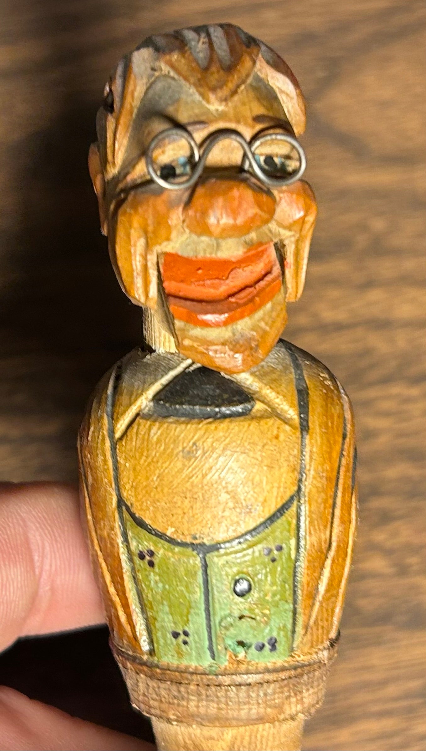 Vintage 1950’s Italian ANRI Carved Wooden Polychrome Mechanical Man in Glasses Figural Bottle Stopper
