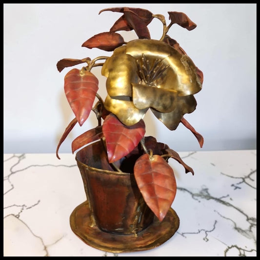 Vintage 1960's American Brutalist Welded Copper/Brass Rose in Flower Pot Sculpture