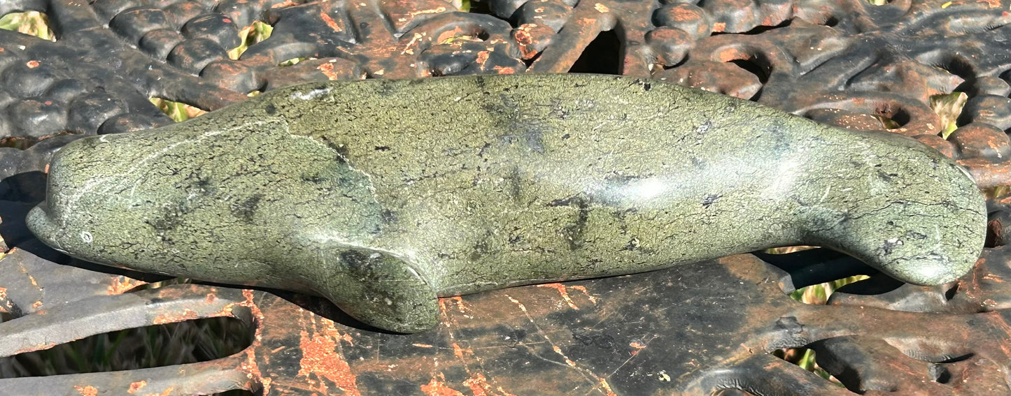 Vintage Canadian Inuit Beluga Whale Serpentine Stone Carving by Nooshoota Paduq (1979)