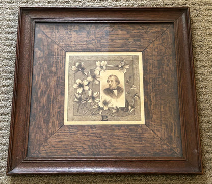 1887 English Victorian Prime Minister Benjamin Disraeli Commemorative Portrait Steel Engraving Art by J.H. Allchin Set in Circa 1900 Arts & Crafts Quarter-Sawn Oak Frame with Wooden Slip Matting