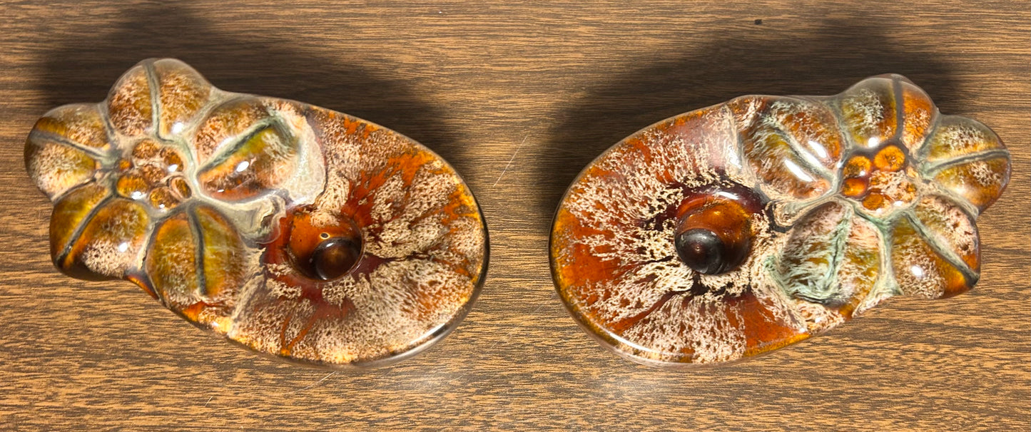 Pair of Vintage 1960’s American Mid Century Modern Brown Ceramic Drip Glaze Flower Bowl Form Votive Candle Holders