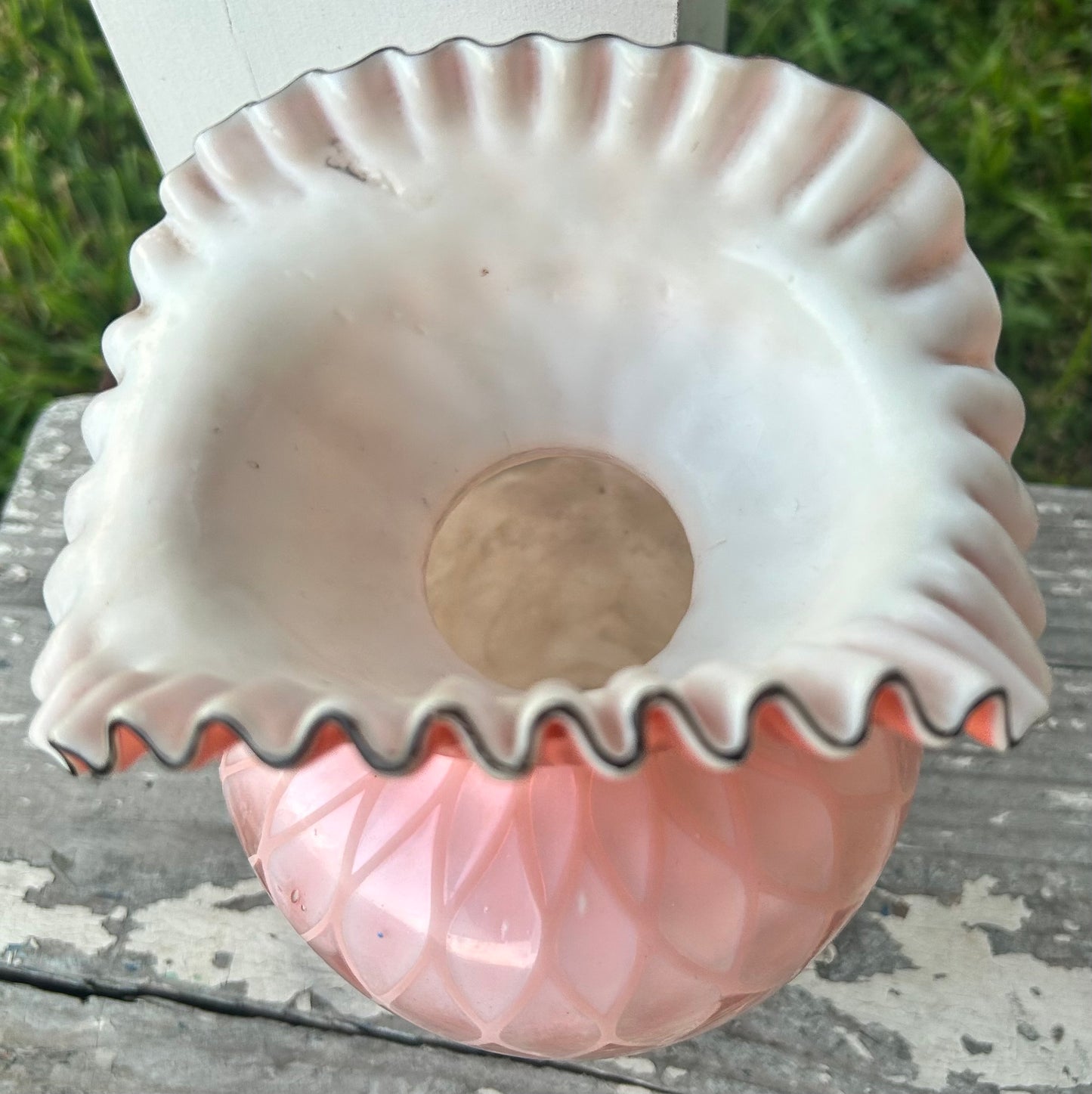 Late 19th Century Bohemian Victorian Harrach Pink/White Cased Glass Quilted Diamond Pattern Hand-Painted Floral/Butterfly Motifs Crimped Rim Bulbous Fan Vase