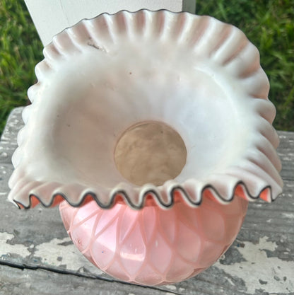 Late 19th Century Bohemian Victorian Harrach Pink/White Cased Glass Quilted Diamond Pattern Hand-Painted Floral/Butterfly Motifs Crimped Rim Bulbous Fan Vase