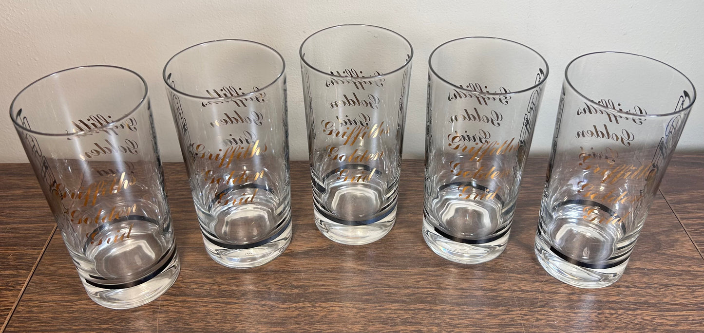 Set of 5 Vintage 1960’s American Mid Century Modern Griffiths Golden Grid Gilded Television Component Motifs Highball Glasses