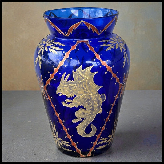 Jaryn/Bruce Orr Art Glass Contemporary Cobalt Blue Gilded Painted Dragon/Foliate Motifs Baluster Vase (1995/1996) (American)