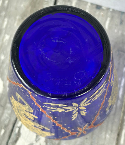 Jaryn/Bruce Orr Art Glass Contemporary Cobalt Blue Gilded Painted Dragon/Foliate Motifs Baluster Vase (1995/1996) (American)