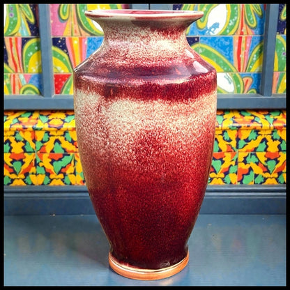 Early 20th Century English Arts & Crafts Ruskin Style Art Pottery Chinoiserie Flambé Sang de Boeuf Glazed Baluster Vase