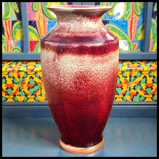 Early 20th Century English Arts & Crafts Ruskin Style Art Pottery Chinoiserie Flambé Sang de Boeuf Glazed Baluster Vase