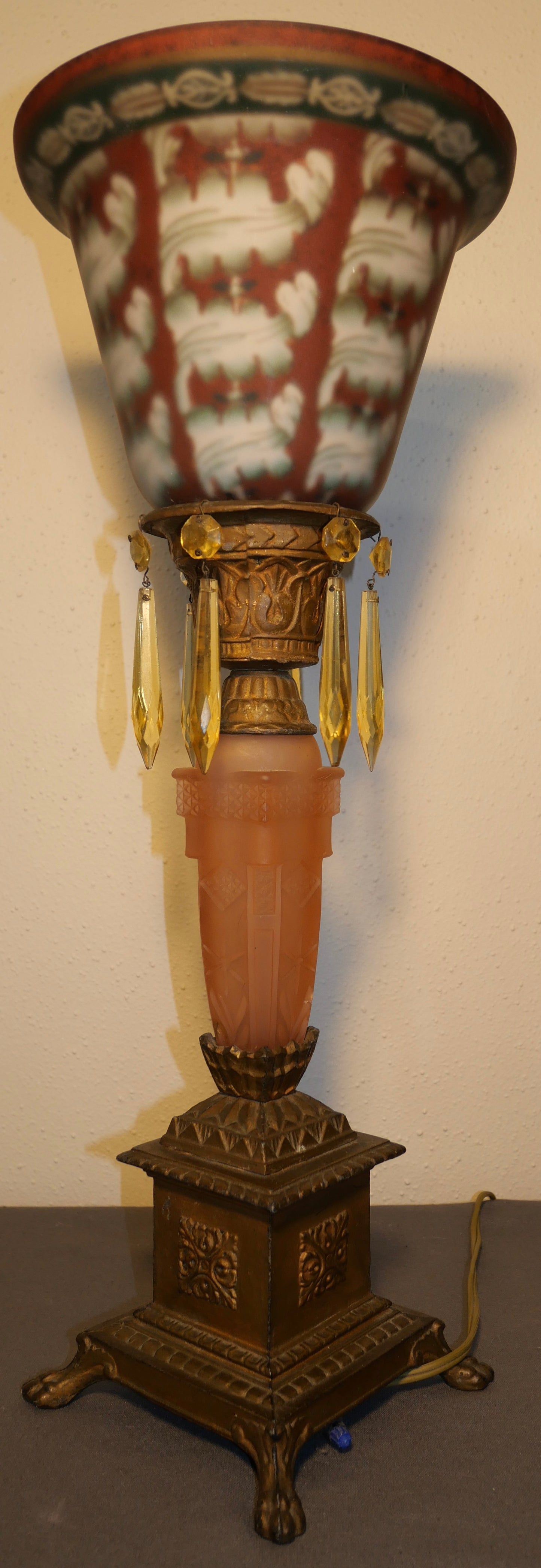 Circa 1920 American Art Deco Gilded Metal Lion's Paw Foot/Pink Frosted Glass Base Torchiere Table Lamp with Reverse Painted Frosted Glass Shade and Topaz Glass Hanging Prisms