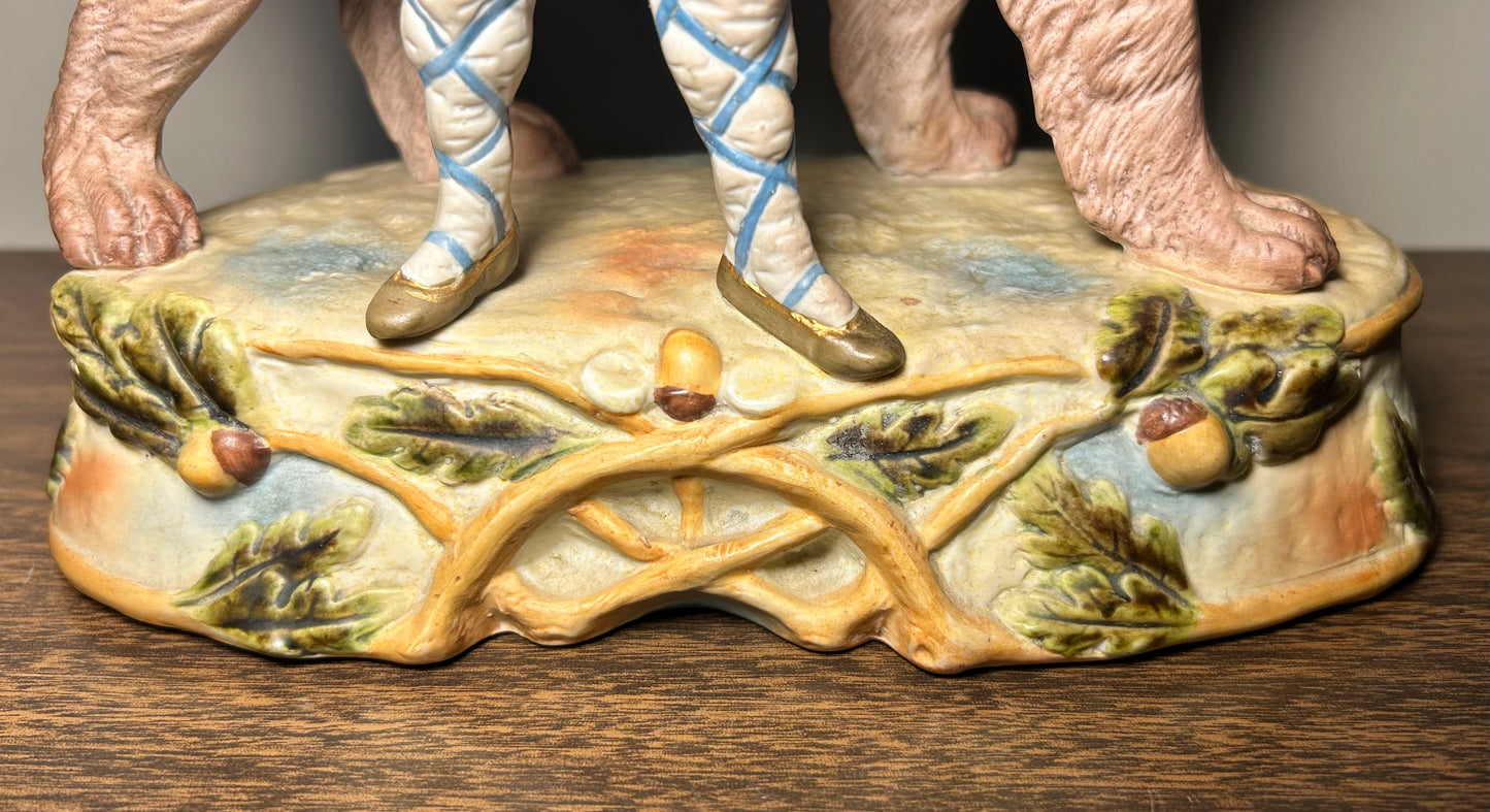 Circa 1930 German Scheibe-Alsbach Kister Bisque Porcelain Man with Bagpipes/Monkey with Cymbals Atop Grizzly Bear Figural Group