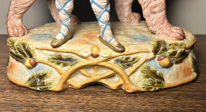 Circa 1930 German Scheibe-Alsbach Kister Bisque Porcelain Man with Bagpipes/Monkey with Cymbals Atop Grizzly Bear Figural Group